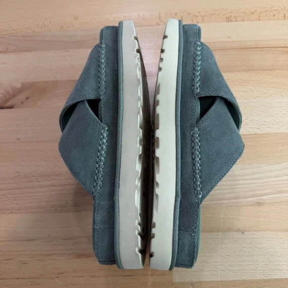 UGG Goldenstar Cross Slide Suede Minimalist Platform Sandal Green Size 7.5 - Picture 9 of 10